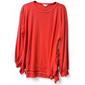 Fantastic Fawn Coral-Red Ruffle Hem Long-Sleeve Pullover